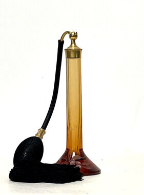Antique DeVilbiss Steuben Amber Topaz Wheel Cut Perfume Atomizer Bottle 7" 1920s
